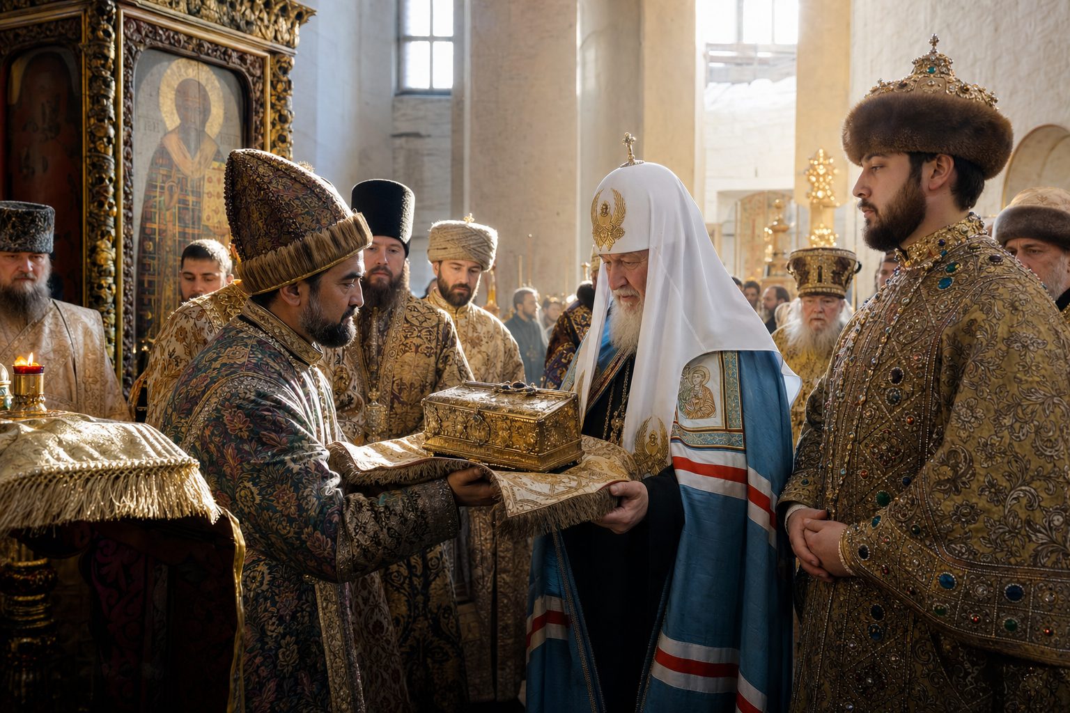 Photorealistic depiction, Telling of the transfer of the fair race of our Lord Jesus Christ from Persia to the reigning city of Moscow, Orthodox calendar, 2026-07-23, other Photorealistic depiction, Telling of the transfer of the fair race of our Lord Jesus Christ from Persia to the reigning city of Moscow, Orthodox calendar, 2026-07-23, other